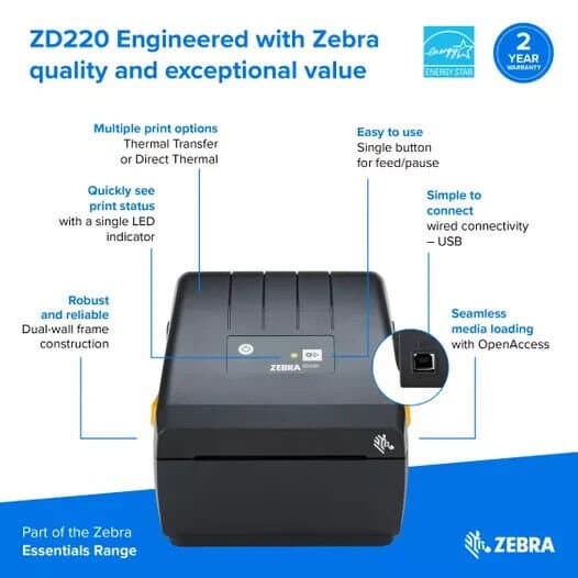 Zebra ZD220 Direct Thermal Label Printer 203dpi USB Barcode Printer thumbnail 4