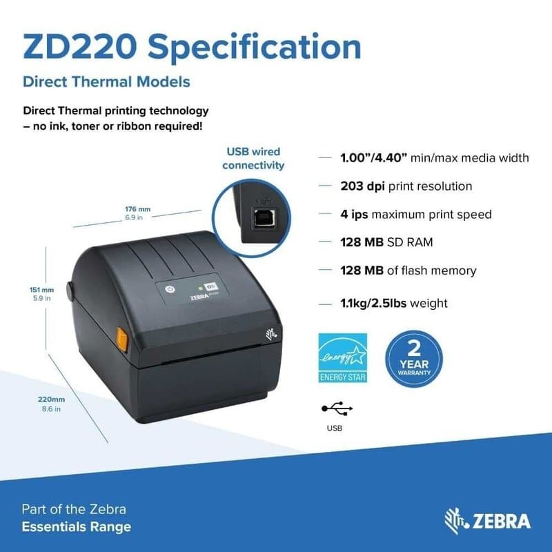 Zebra ZD220 Direct Thermal Label Printer 203dpi USB Barcode Printer thumbnail 7