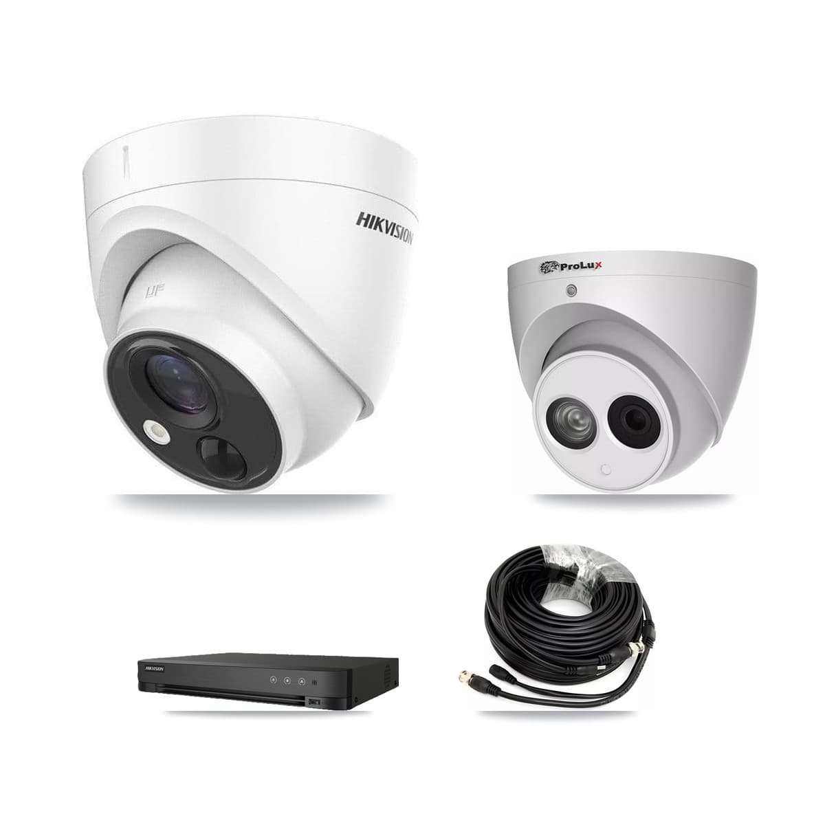 Hikvision & Prolux 8-Channel 4MP – 5MP CCTV Kit — 5 DS-2CE71H0T-PIRLO 5MP + 1 PXC-612C4W-A-POC 4MP Turret Cameras + 8TB Recording (IDS-7208HUHI-M1/E Recorder) - Image 1