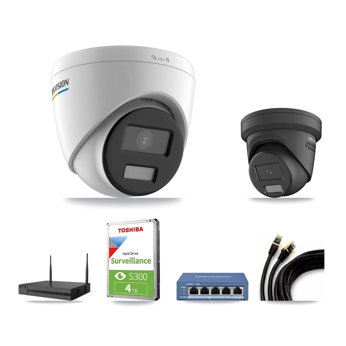 Hikvision & HiLook 4-Channel 2MP – 4MP CCTV Kit — 2 2MP + 2 Black 4MP Turret Cameras + 4TB Recording