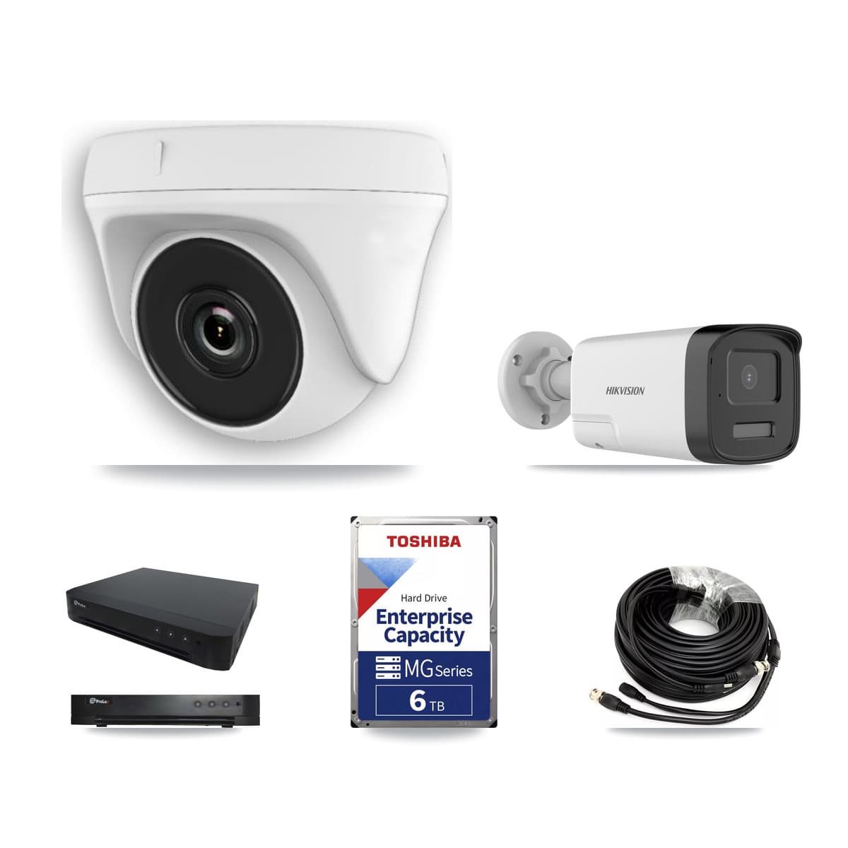 Hikvision & Prolux 16-Channel 2MP – 5MP CCTV Kit — 2 DS-2CE17K0T 5MP Bullet + 5 White HDT-2MP-N20W 2MP Dome Cameras + 6TB Recording