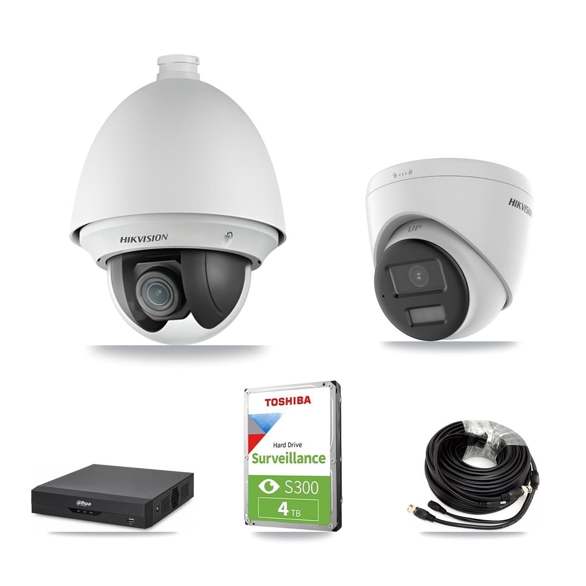 Hikvision & Dahua 4-Channel 2MP – 4K CCTV Kit — 1 DS-2AE4225T 2MP PTZ + 1 DS-2CE78U0T 4K Turret Cameras + 4TB Recording - Image 1