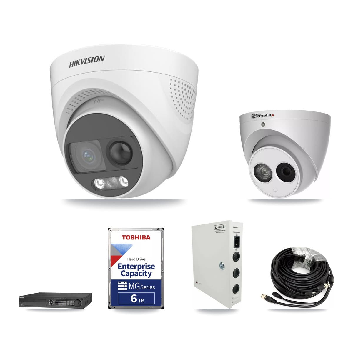 Hikvision & Prolux 32-Channel 4MP – 5MP CCTV Kit — 9 DS-2CE72KF3T 5MP + 1 PXC-612C4W-A 4MP Turret Cameras + 2× 6TB Recording - Image 1