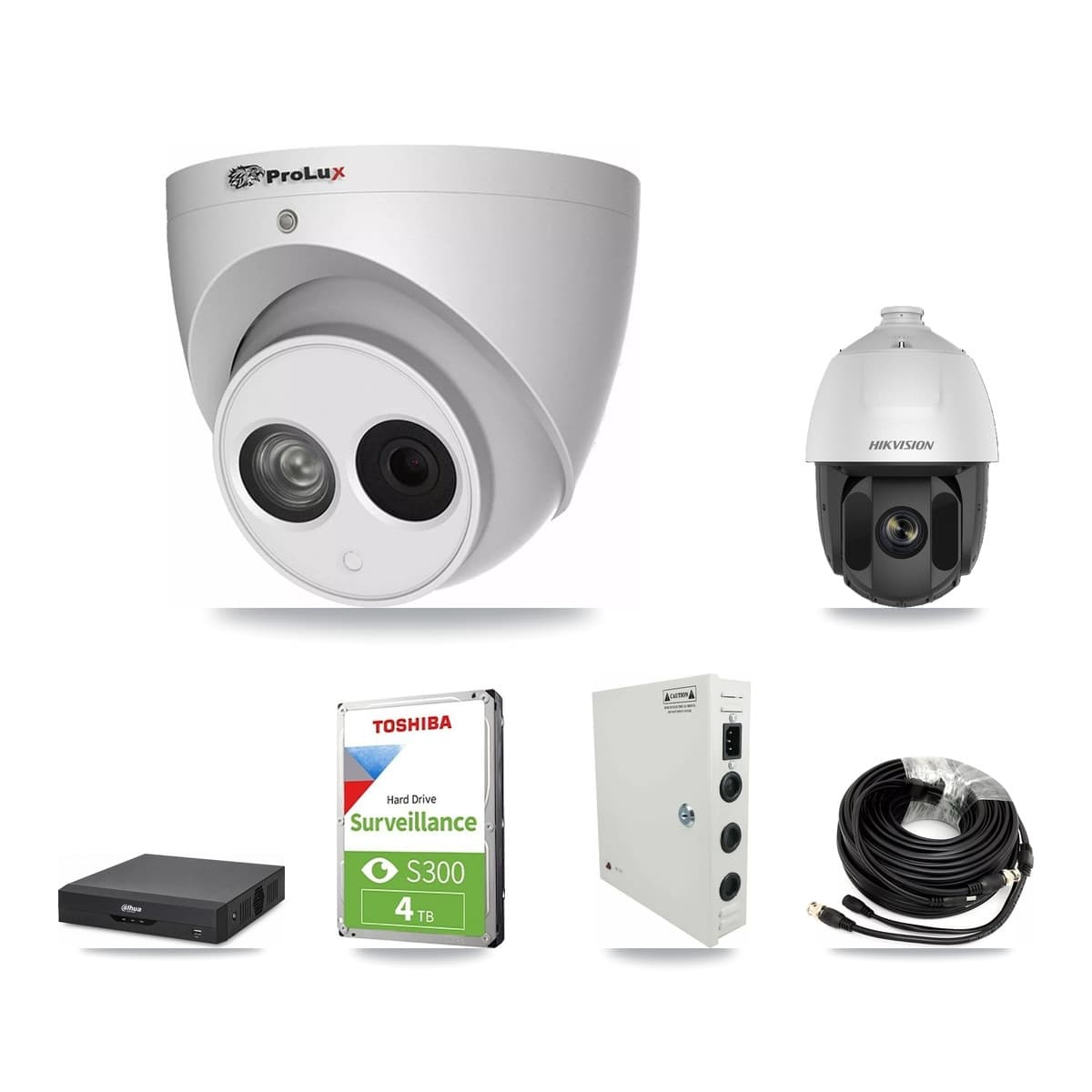 4-Channel 2MP – 4MP CCTV Kit — 1 DS-2AE5225TI 2MP PTZ + 2 PXC-612C4W-A 4MP Turret Cameras + 4TB Recording (DH-XVR5104HS Recorder) - Image 1