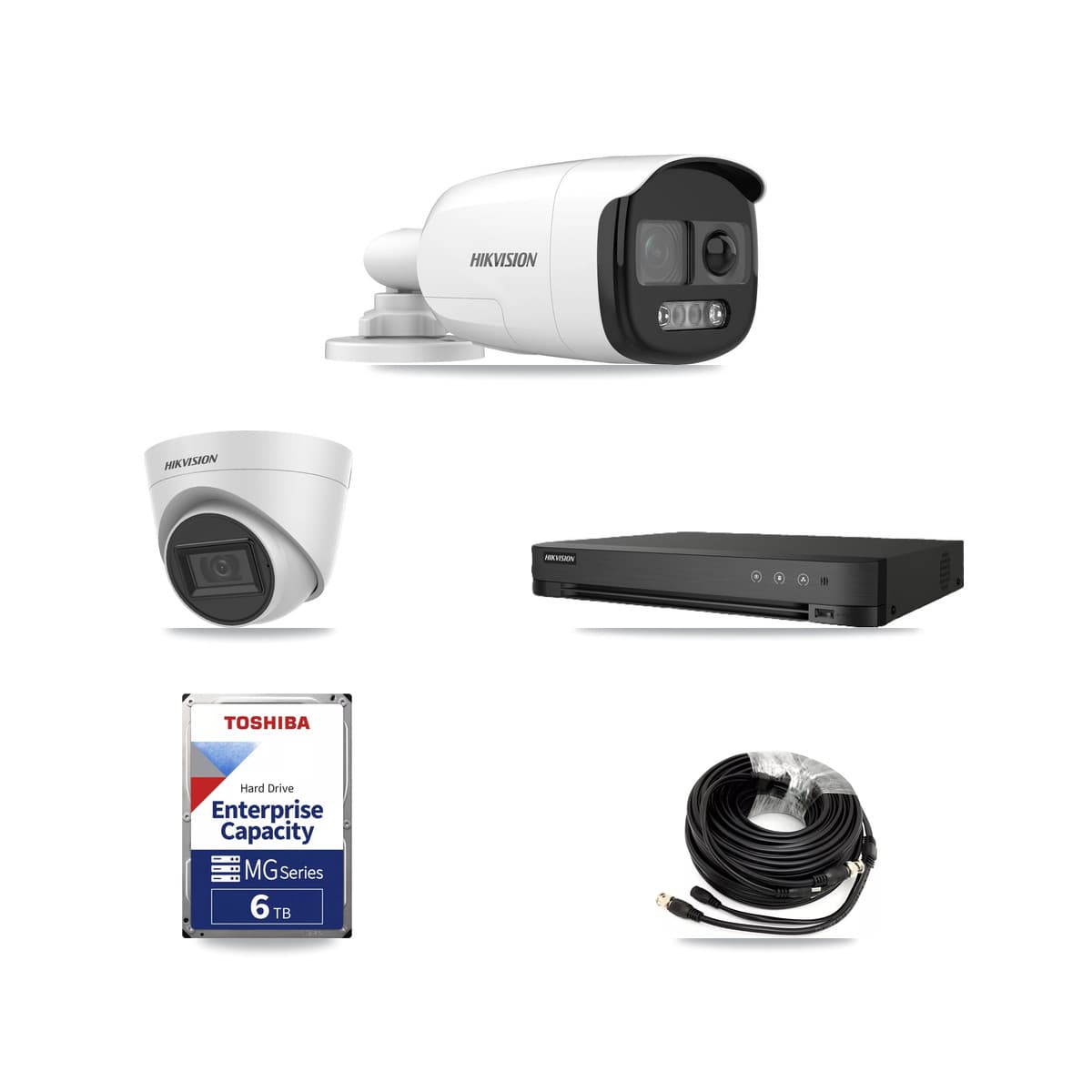 Hikvision 8-Channel 5MP CCTV Kit — 1 Bullet + 1 White Turret Cameras + 6TB Recording (IDS-7208HQHI Recorder) - Image 1