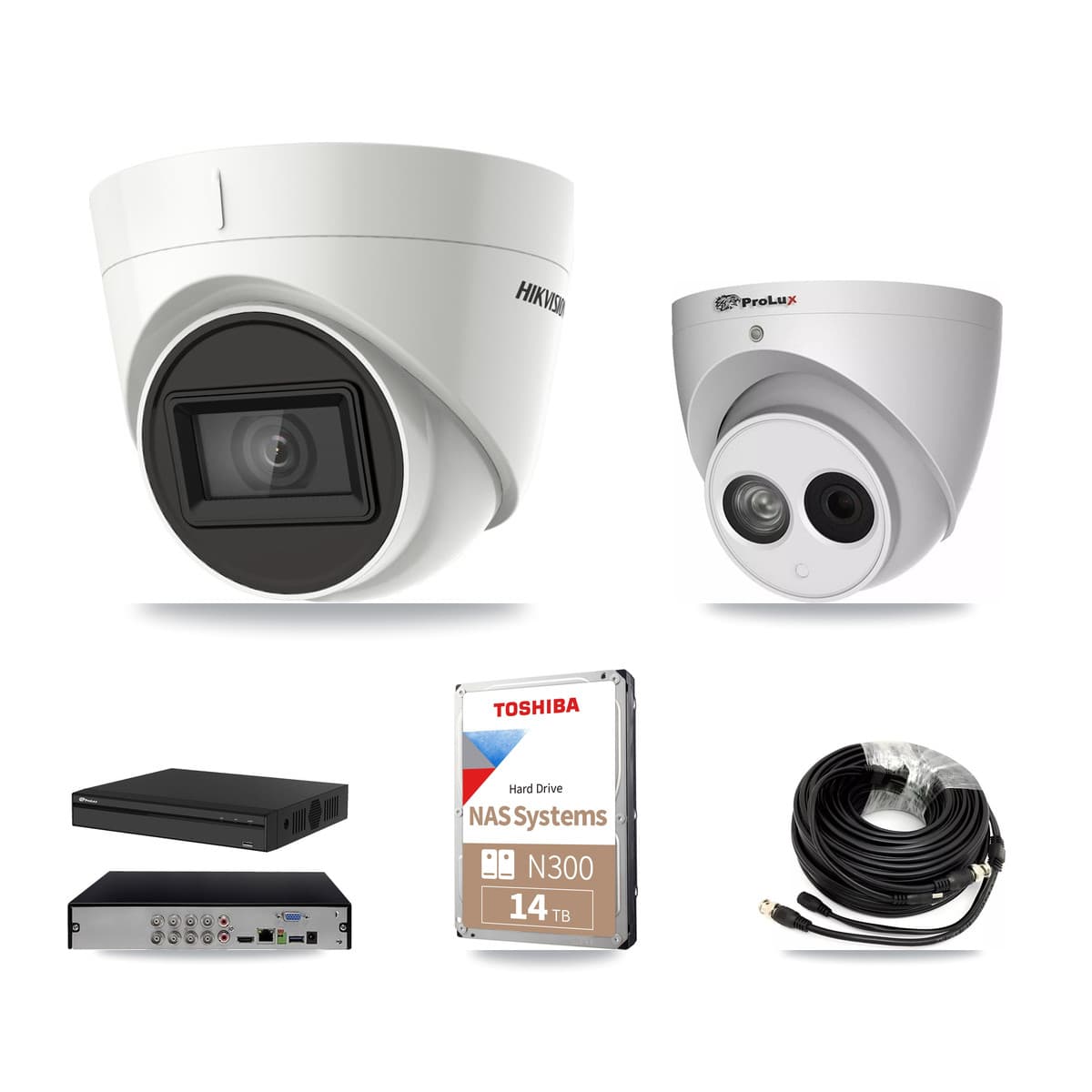 Hikvision & Prolux 8-Channel 4MP – 4K CCTV Kit — 5 DS-2CE78U1T 4K + 1 PXC-612C4W-A 4MP Turret Cameras + 14TB Recording