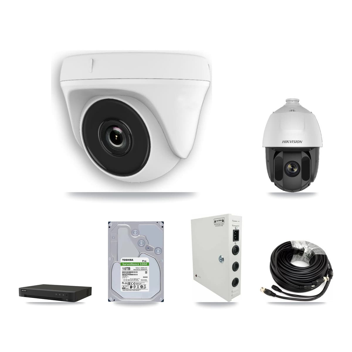 Hikvision 16-Channel 2MP CCTV Kit — 1 DS-2AE5225TI PTZ + 15 White HDT-2MP-N20W Dome Cameras + 10TB Recording (IDS-7216HQHI Recorder) - Image 1