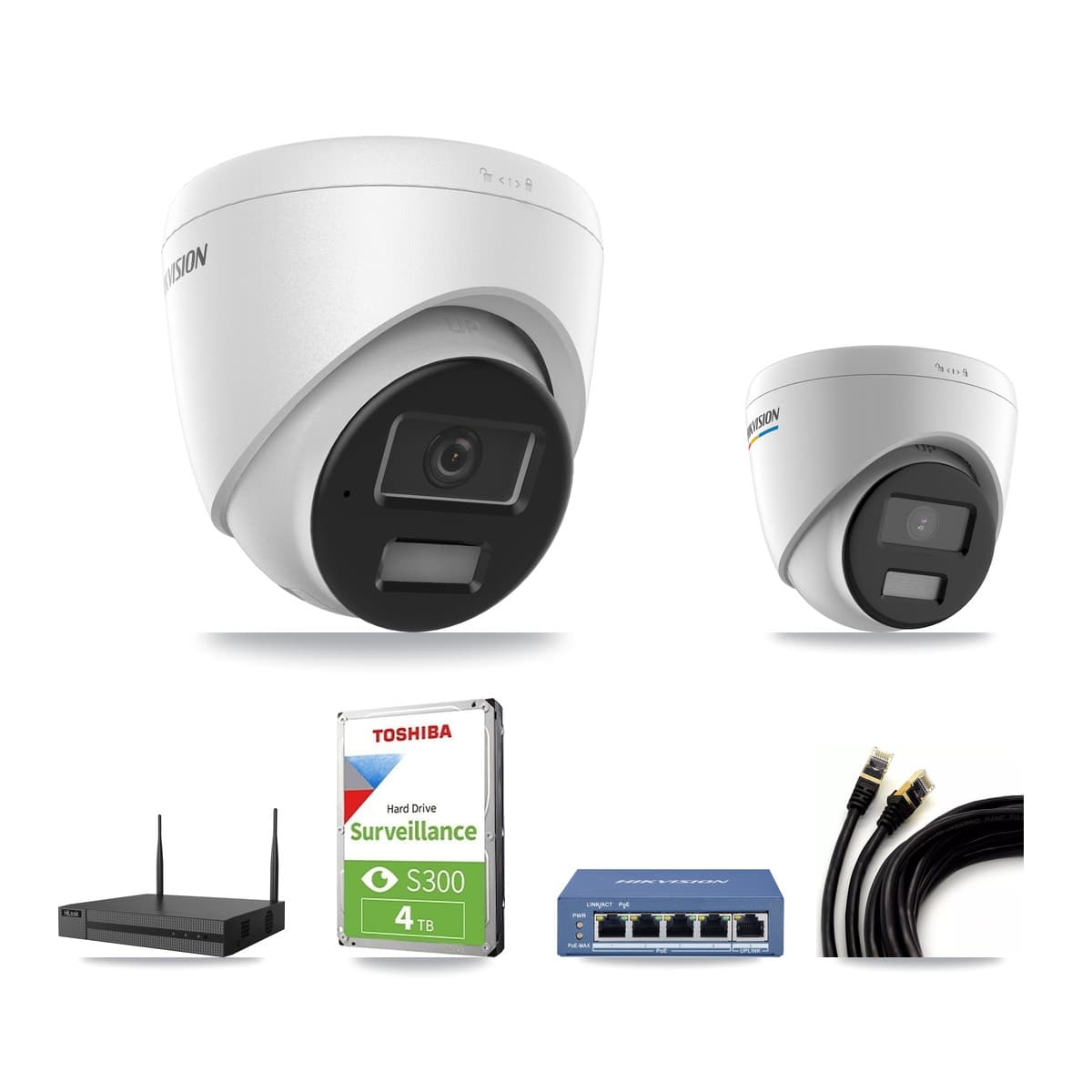 Hikvision & HiLook 4-Channel 2MP – 4MP CCTV Kit — 1 DS-2CD1327G2 2MP + 2 DS-2CD1343G2 4MP Turret Cameras + 4TB Recording - Image 1