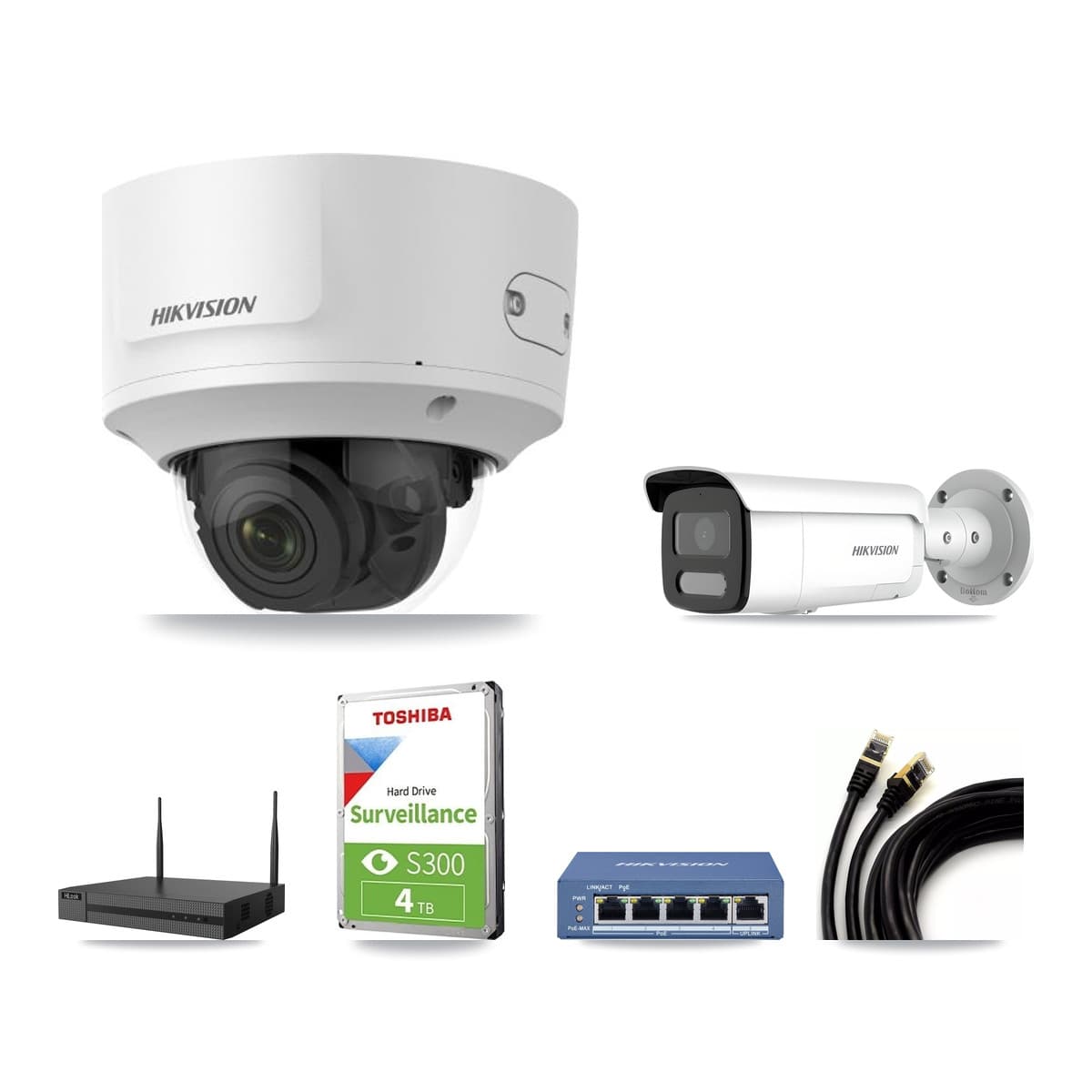Hikvision & HiLook 4-Channel 2MP – 4MP CCTV Kit — 1 2MP Dome + 1 4MP Bullet Cameras + 4TB Recording - Image 1