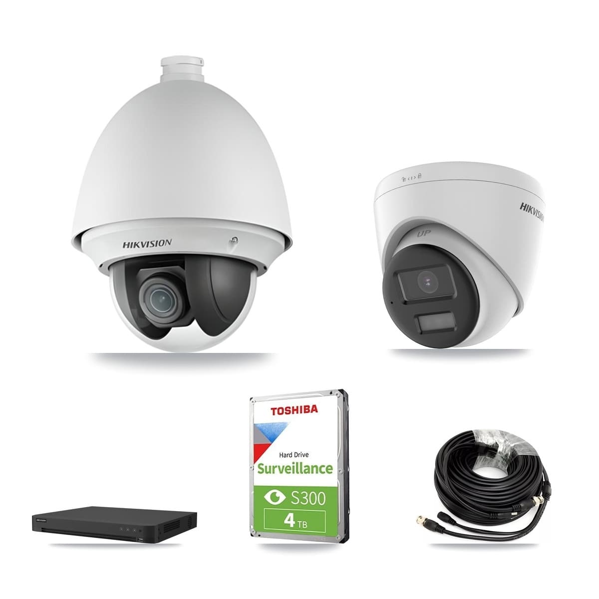 Hikvision 32-Channel 2MP – 5MP CCTV Kit — 1 DS-2AE4225T-A 2MP PTZ + 1 DS-2CE78K0T-LPTS 5MP Turret Cameras + 4TB Recording (IDS-7232HQHI-M2/XT Recorder)