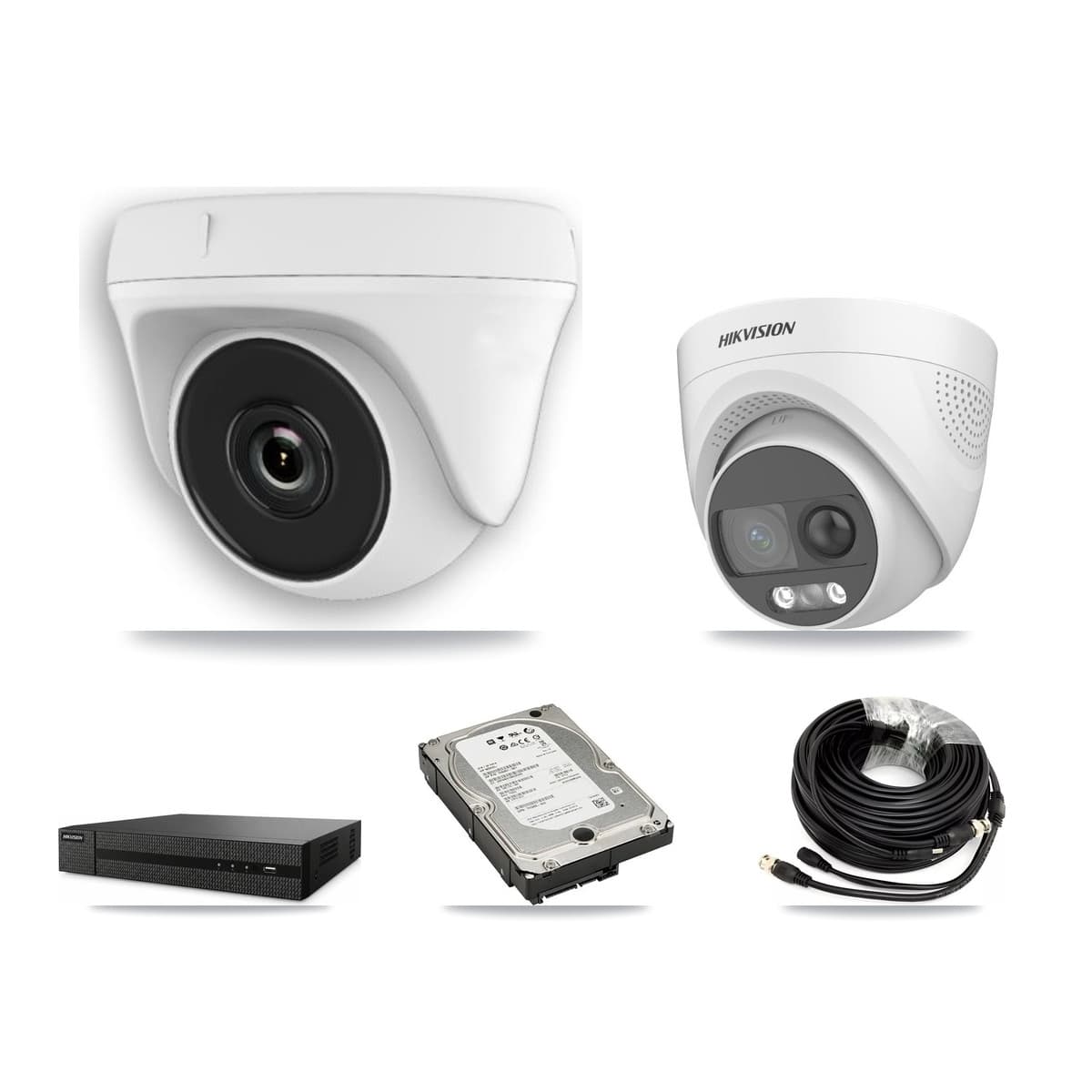 Hikvision 8-Channel 2MP – 5MP CCTV Kit — 1 DS-2CE72KF3T 5MP Turret + 5 White HDT-2MP-N20W 2MP Dome Cameras + 5TB Recording (DVR-8CH Recorder)