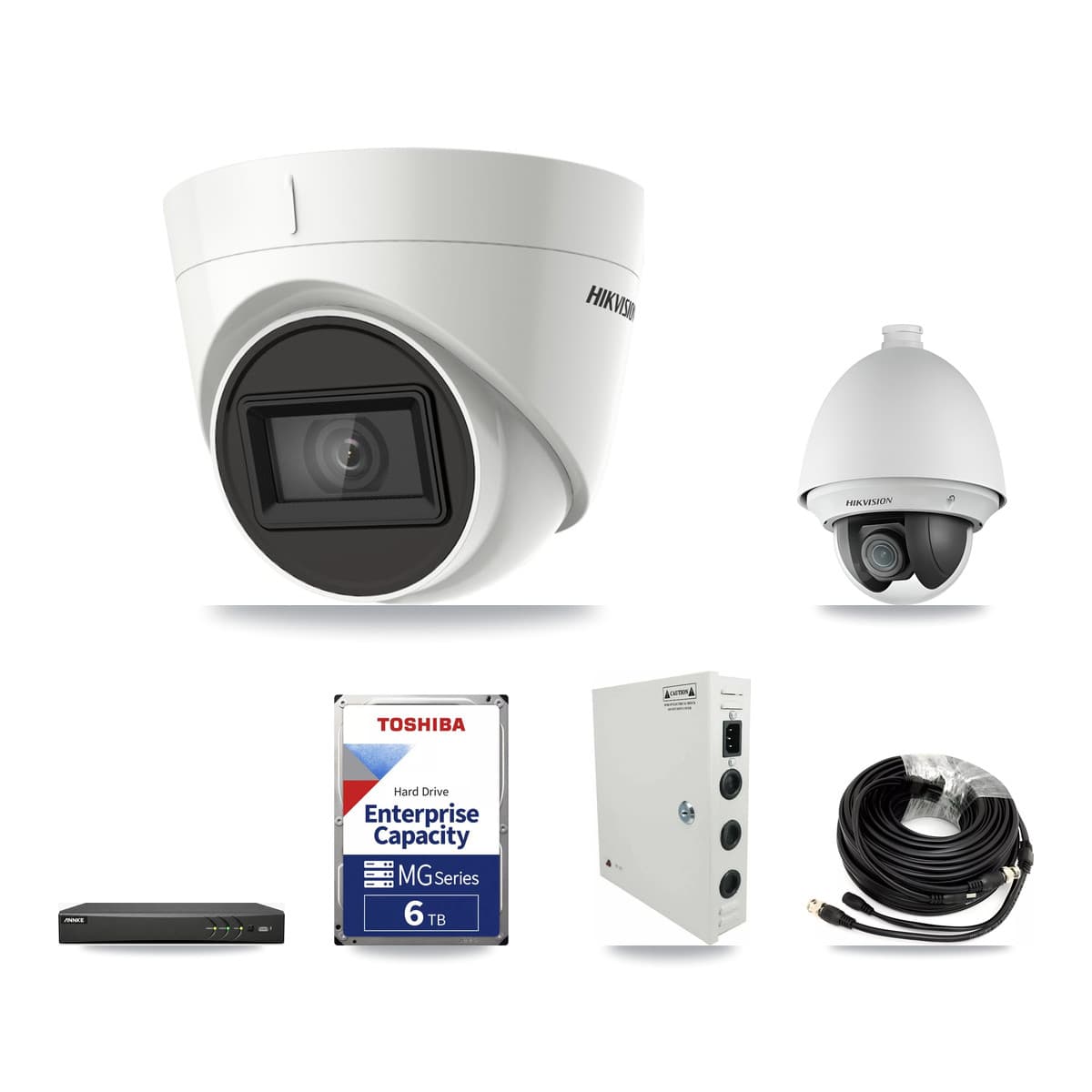 Hikvision & ANNKE 4-Channel 2MP – 4K CCTV Kit — 1 DS-2AE4225T 2MP PTZ + 2 DS-2CE78U1T 4K Turret Cameras + 6TB Recording
