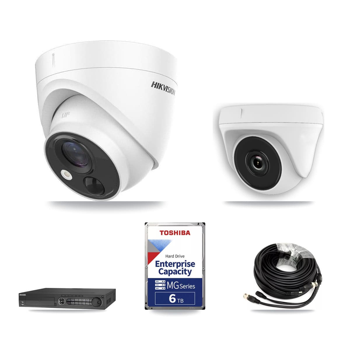 Hikvision 32-Channel 2MP – 5MP CCTV Kit — 3 DS-2CE71H0T 5MP Turret + 3 White HDT-2MP-N20W 2MP Dome Cameras + 6TB Recording (DS-7332HQHI Recorder) - Image 1