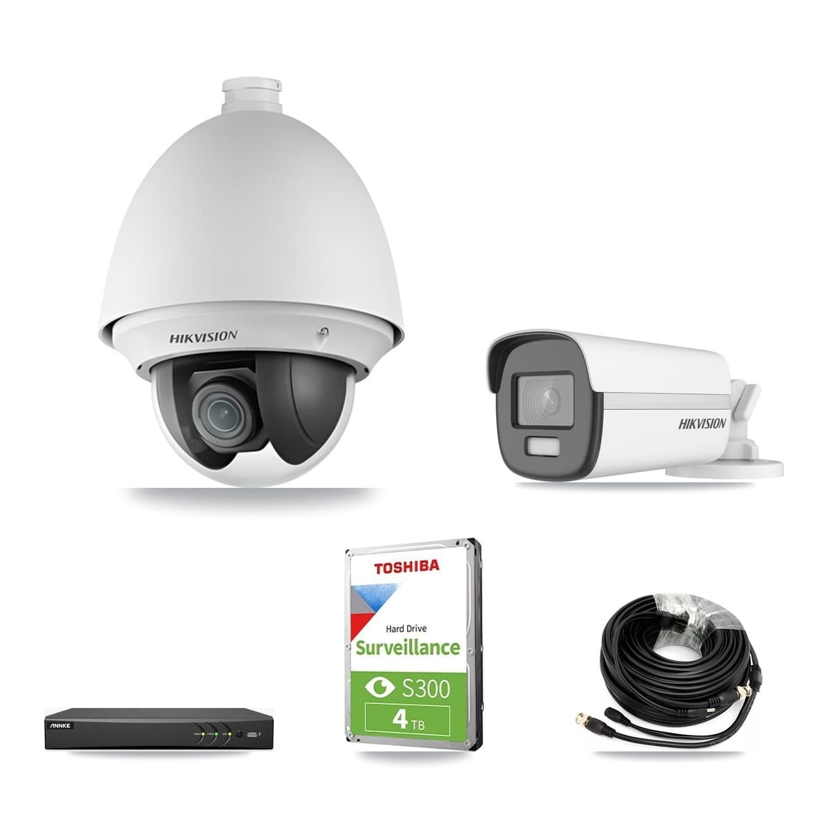 Hikvision & ANNKE 4-Channel 2MP – 4K CCTV Kit — 1 DS-2AE4225T 2MP PTZ + 1 DS-2CE12UF3T 4K Bullet Cameras + 4TB Recording - Image 1