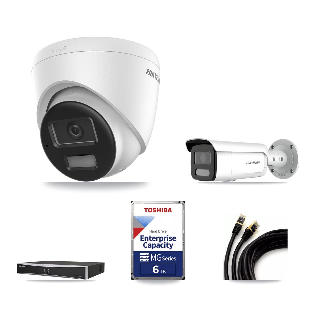 Hikvision 4-Channel 4MP – 4K CCTV Kit — 2 DS-2CD1383G2-LIU 4K Turret + 1 DS-2CD2T47G2H-LISU/SL 4MP Bullet Cameras + 6TB Recording (DS-7604NXI-K1/4P Recorder)