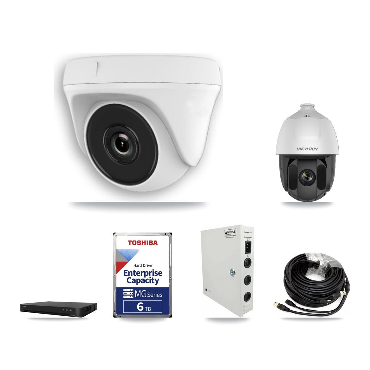 Hikvision 16-Channel 2MP CCTV Kit — 1 DS-2AE5225TI PTZ + 9 White HDT-2MP-N20W Dome Cameras + 6TB Recording (DS-7216HGHI Recorder) - Image 1