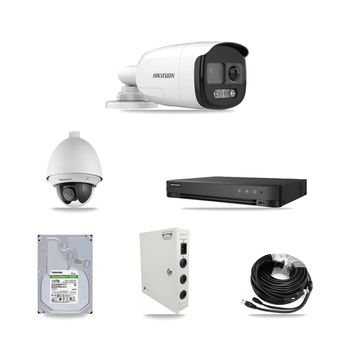 Hikvision 8-Channel 2MP – 5MP CCTV Kit — 1 DS-2AE4225T 2MP PTZ + 7 DS-2CE12KF3T 5MP Bullet Cameras + 10TB Recording (IDS-7208HQHI Recorder)