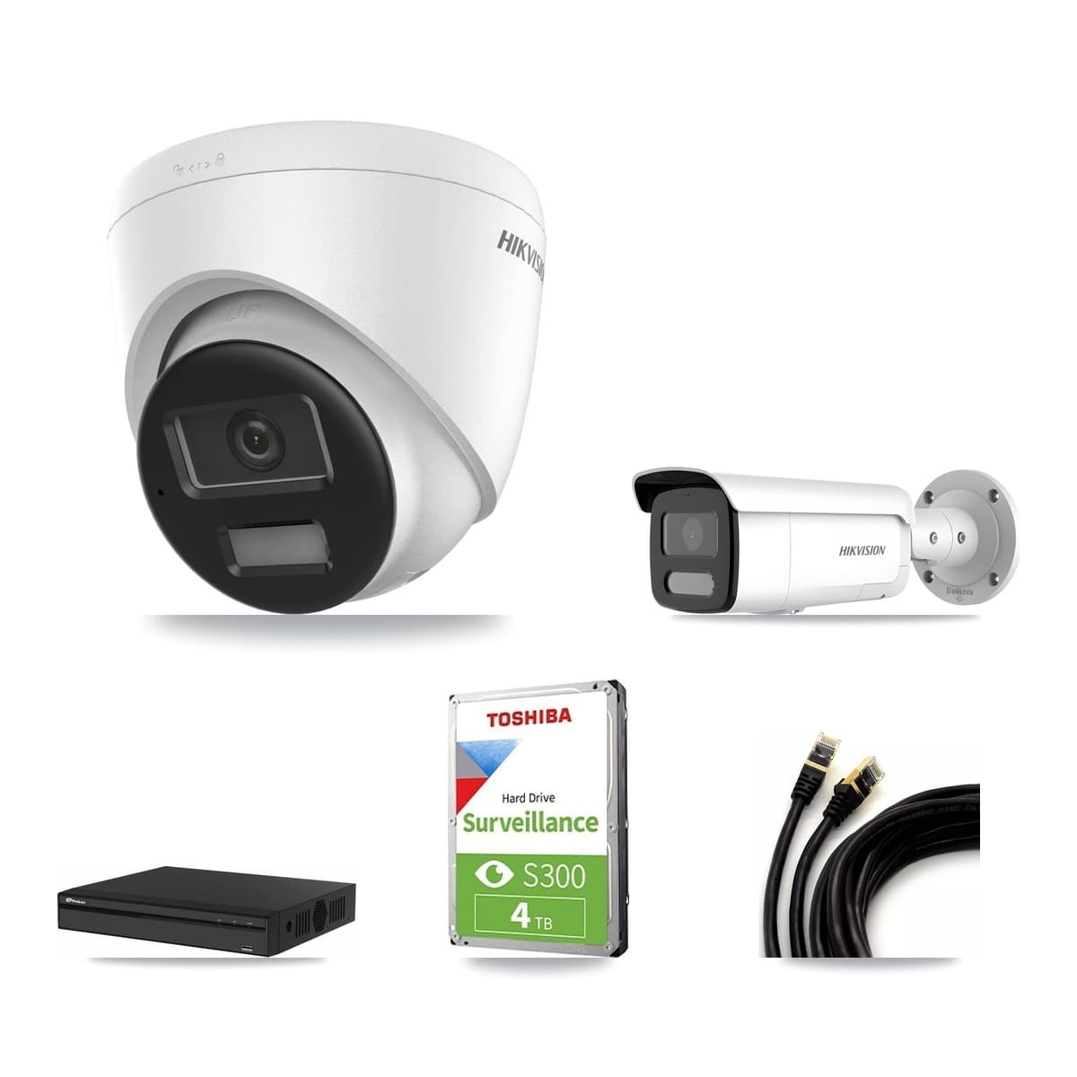 Hikvision & Prolux 4-Channel 4MP – 4K CCTV Kit — 1 DS-2CD1383G2-LIUF/SL 4K Turret + 1 DS-2CD2T47G2H-LISU/SL 4MP Bullet Cameras + 4TB Recording (PXN-2104HS-4P-4K Recorder) - Image 1