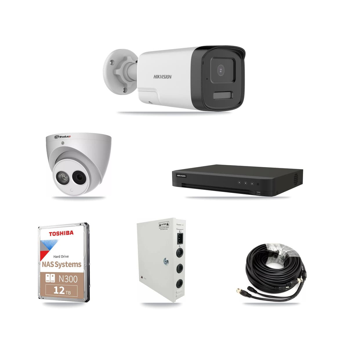 Hikvision & Prolux 16-Channel 4MP – 5MP CCTV Kit — 11 DS-2CE17K0T 5MP Bullet + 1 PXC-612C4W-A 4MP Turret Cameras + 12TB Recording