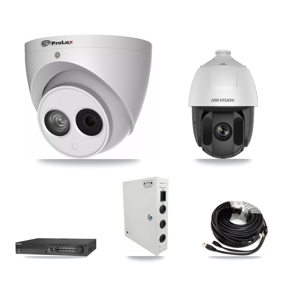 Hikvision & Prolux 32-Channel 2MP – 4MP CCTV Kit — 1 DS-2AE5225TI 2MP PTZ + 24 PXC-612C4W-A 4MP Turret Cameras + 4× 8TB Recording (IDS-7332HUHI Recorder) - Image 1