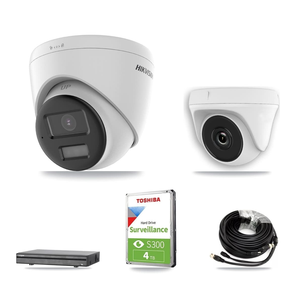 Hikvision & Dahua 8-Channel 2MP – 4K CCTV Kit — 1 DS-2CE78U0T 4K Turret + 1 White HDT-2MP-N20W 2MP Dome Cameras + 4TB Recording (DH-XVR5108H Recorder) - Image 1