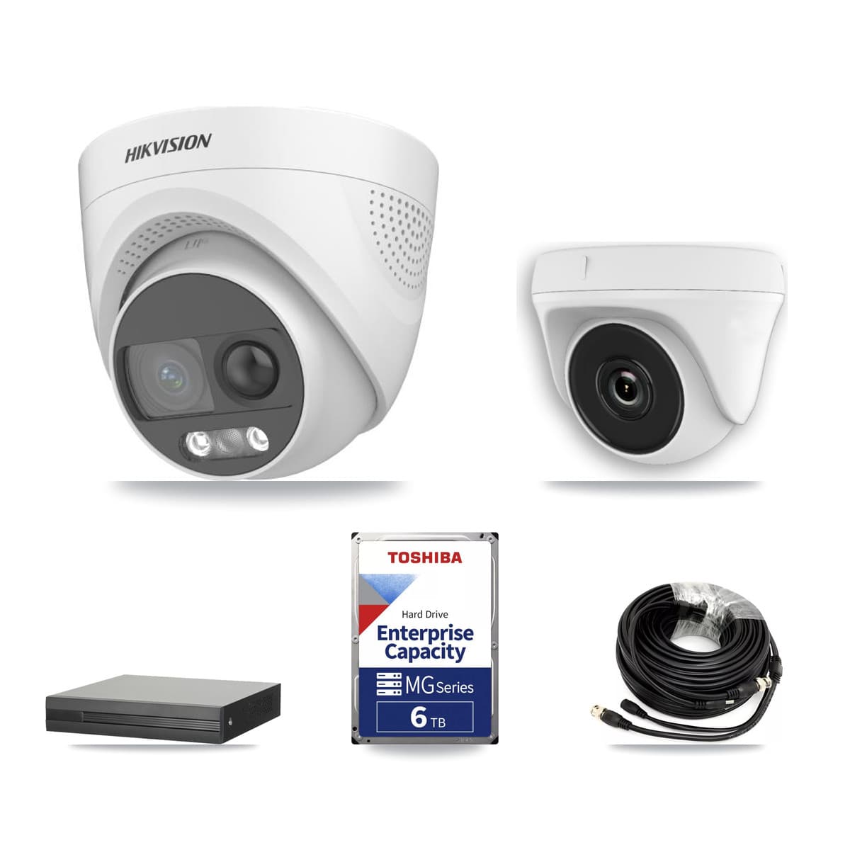 Hikvision 8-Channel 2MP – 5MP CCTV Kit — 3 DS-2CE72KF3T 5MP Turret + 3 White HDT-2MP-N20W 2MP Dome Cameras + 6TB Recording (XVR-3108HS Recorder)