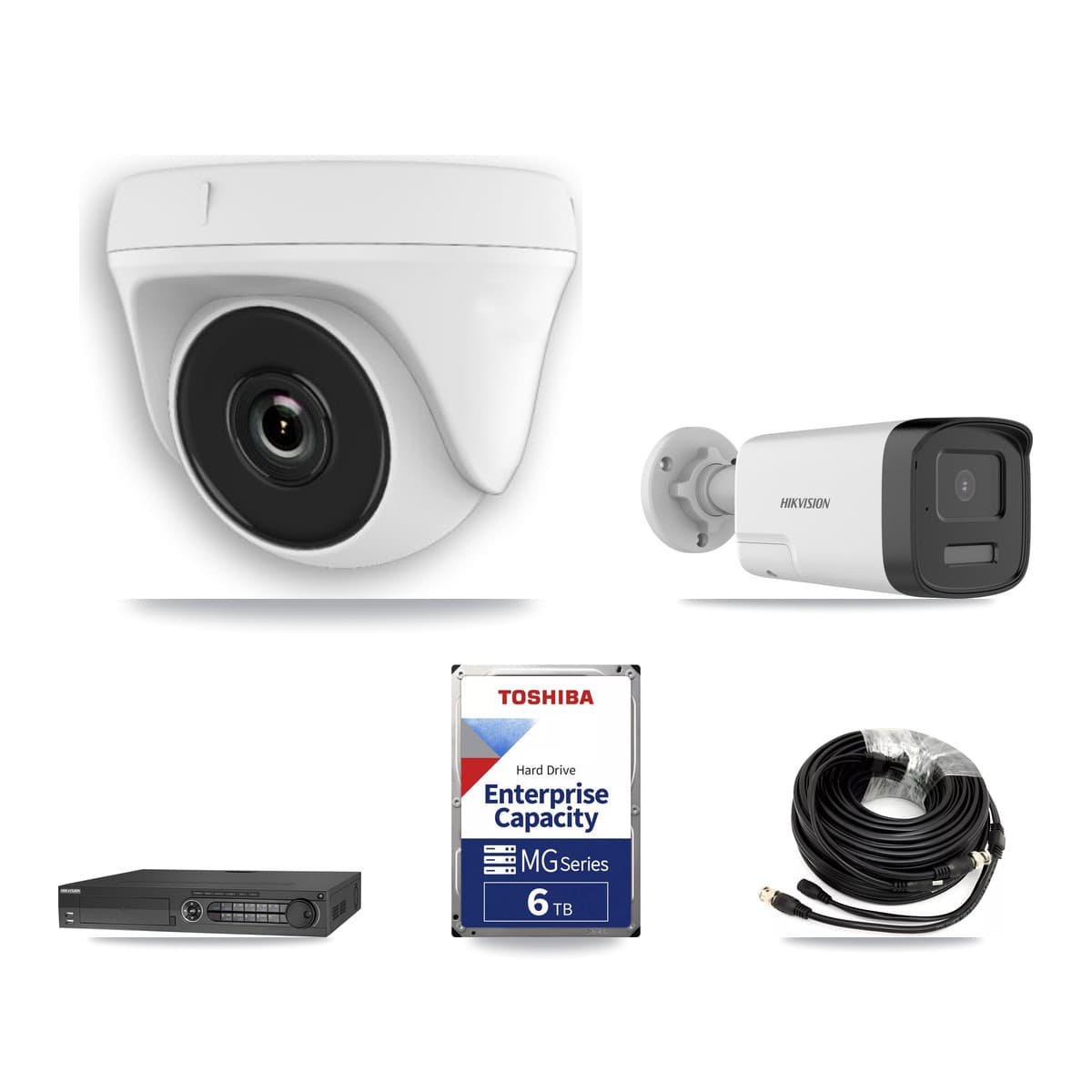 Hikvision 32-Channel 2MP – 5MP CCTV Kit — 2 DS-2CE17K0T 5MP Bullet + 5 White HDT-2MP-N20W 2MP Dome Cameras + 6TB Recording (IDS-7332HUHI Recorder) - Image 1