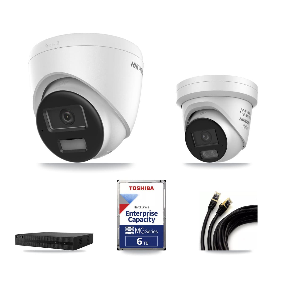 Hikvision & HiLook 8-Channel 4MP – 4K CCTV Kit — 2 DS-2CD1383G2-LIUF/SL 4K + 1 DS-2CD2347G3-LIS2UY/SL 4MP Turret Cameras + 6TB Recording (NVR-108MH-D/8P Recorder)