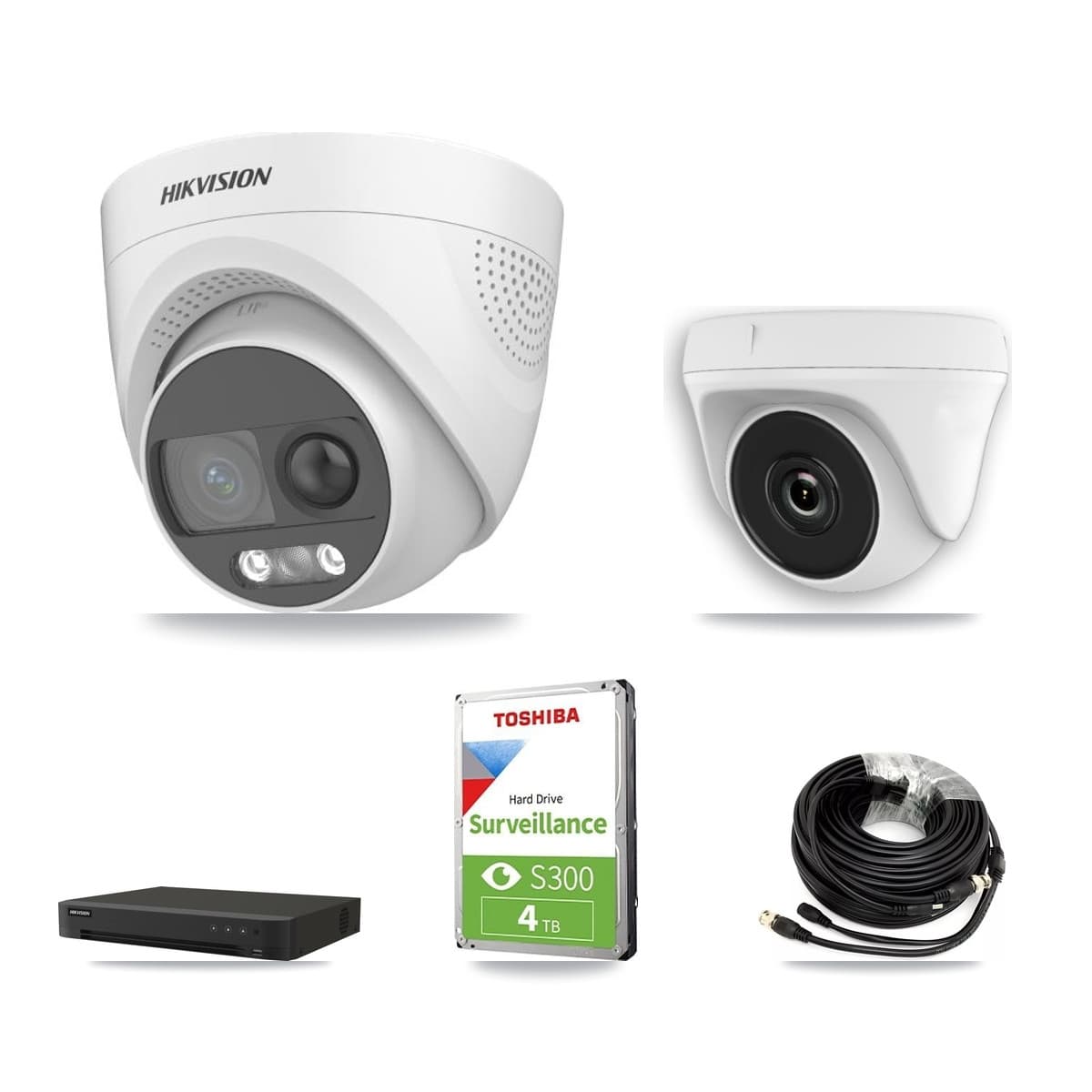 Hikvision 16-Channel 2MP – 5MP CCTV Kit — 2 DS-2CE72KF3T 5MP Turret + 1 White HDT-2MP-N20W 2MP Dome Cameras + 4TB Recording (IDS-7216HQHI Recorder) - Image 1