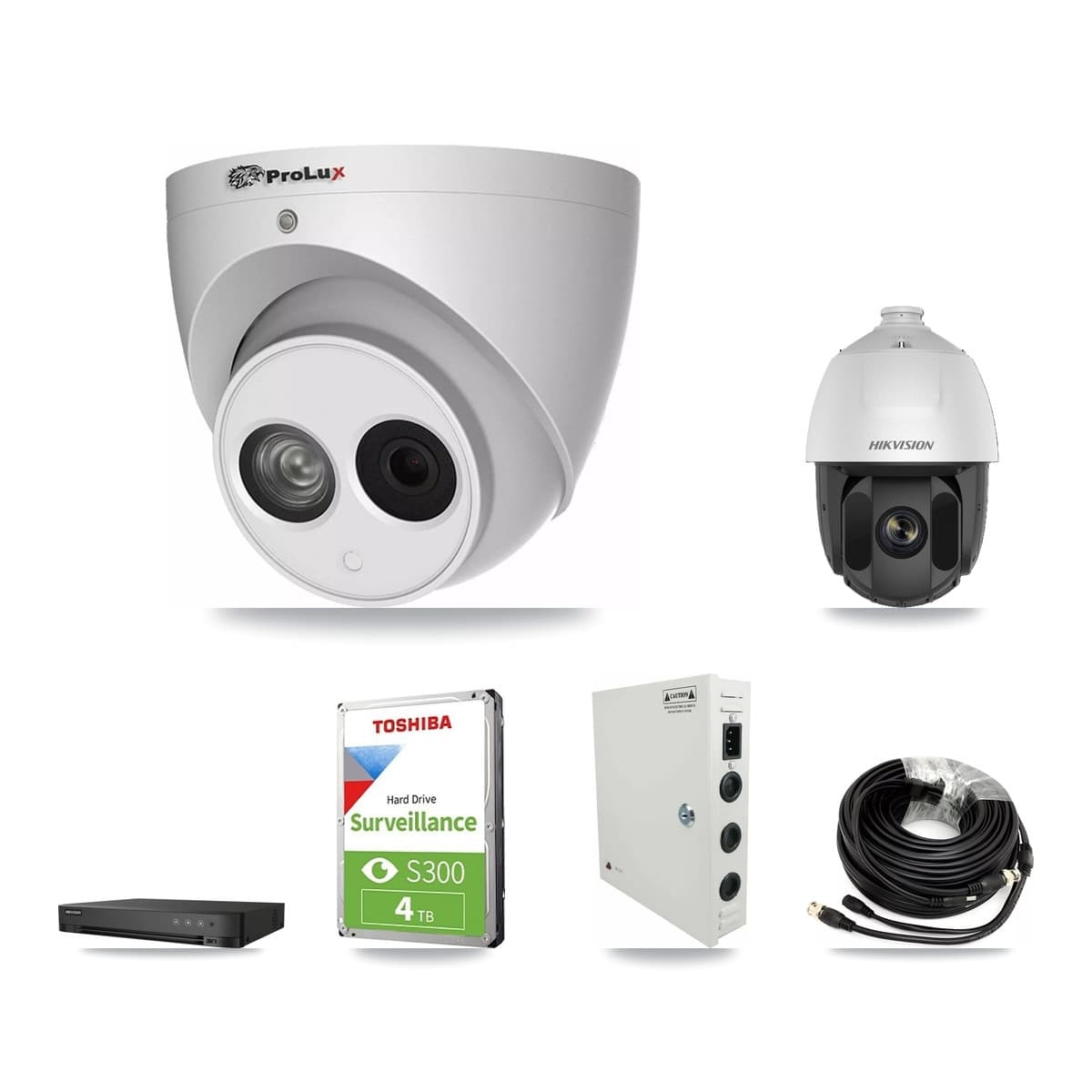 Hikvision & Prolux 4-Channel 2MP – 4MP CCTV Kit — 1 DS-2AE5225TI 2MP PTZ + 2 PXC-612C4W-A 4MP Turret Cameras + 4TB Recording (DS-7204HUHI Recorder) - Image 1