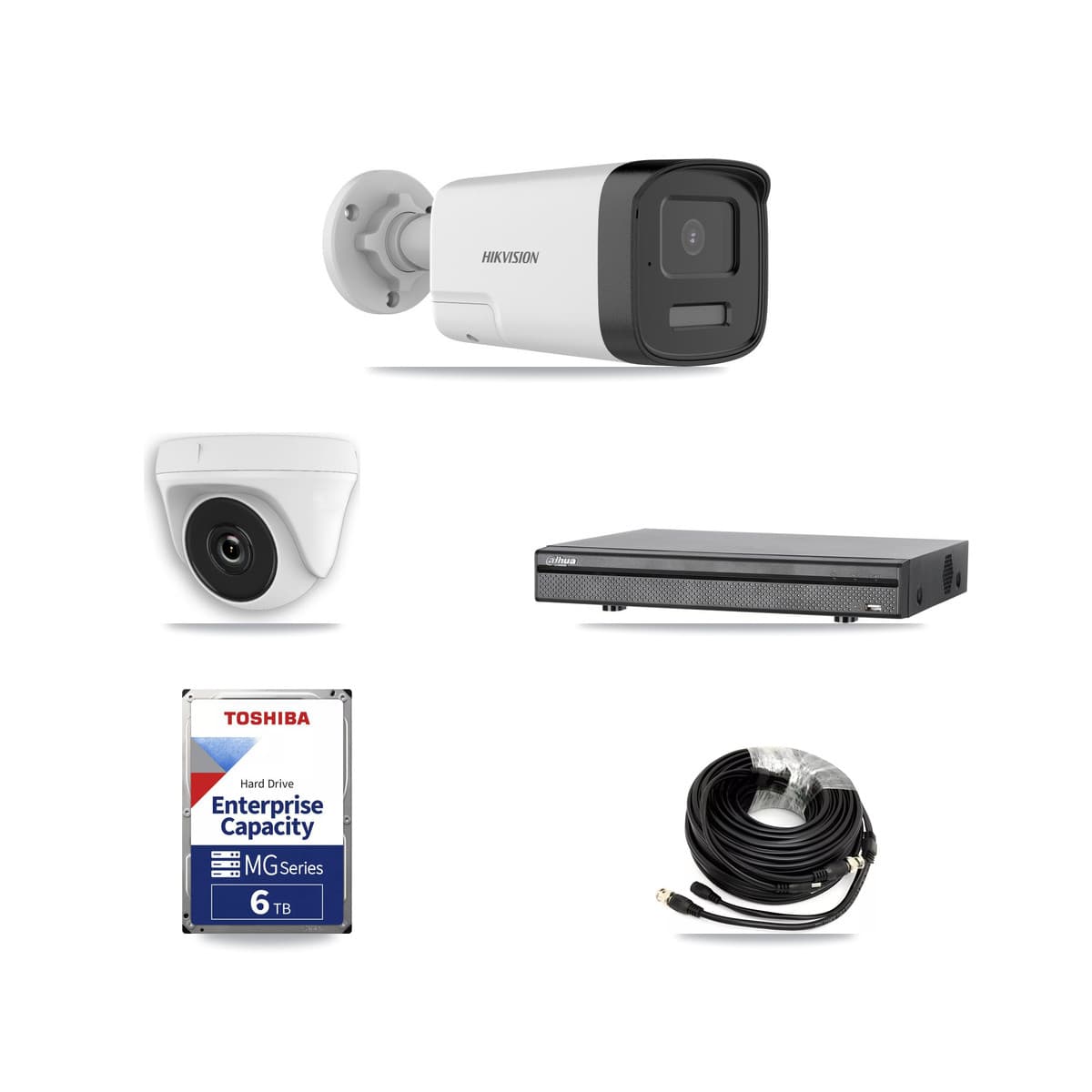 Hikvision & Dahua 8-Channel 2MP – 5MP CCTV Kit — 3 DS-2CE17K0T 5MP Bullet + 3 White HDT-2MP-N20W 2MP Dome Cameras + 6TB Recording (DH-XVR5108H Recorder) - Image 1
