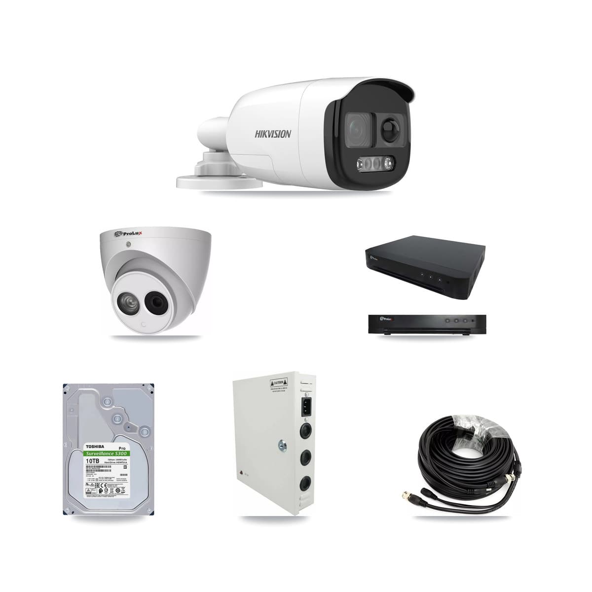 Hikvision & Prolux 16-Channel 4MP – 5MP CCTV Kit — 8 DS-2CE12KF3T 5MP Bullet + 1 PXC-612C4W-A 4MP Turret Cameras + 10TB Recording (PXD-8216 Recorder) - Image 1