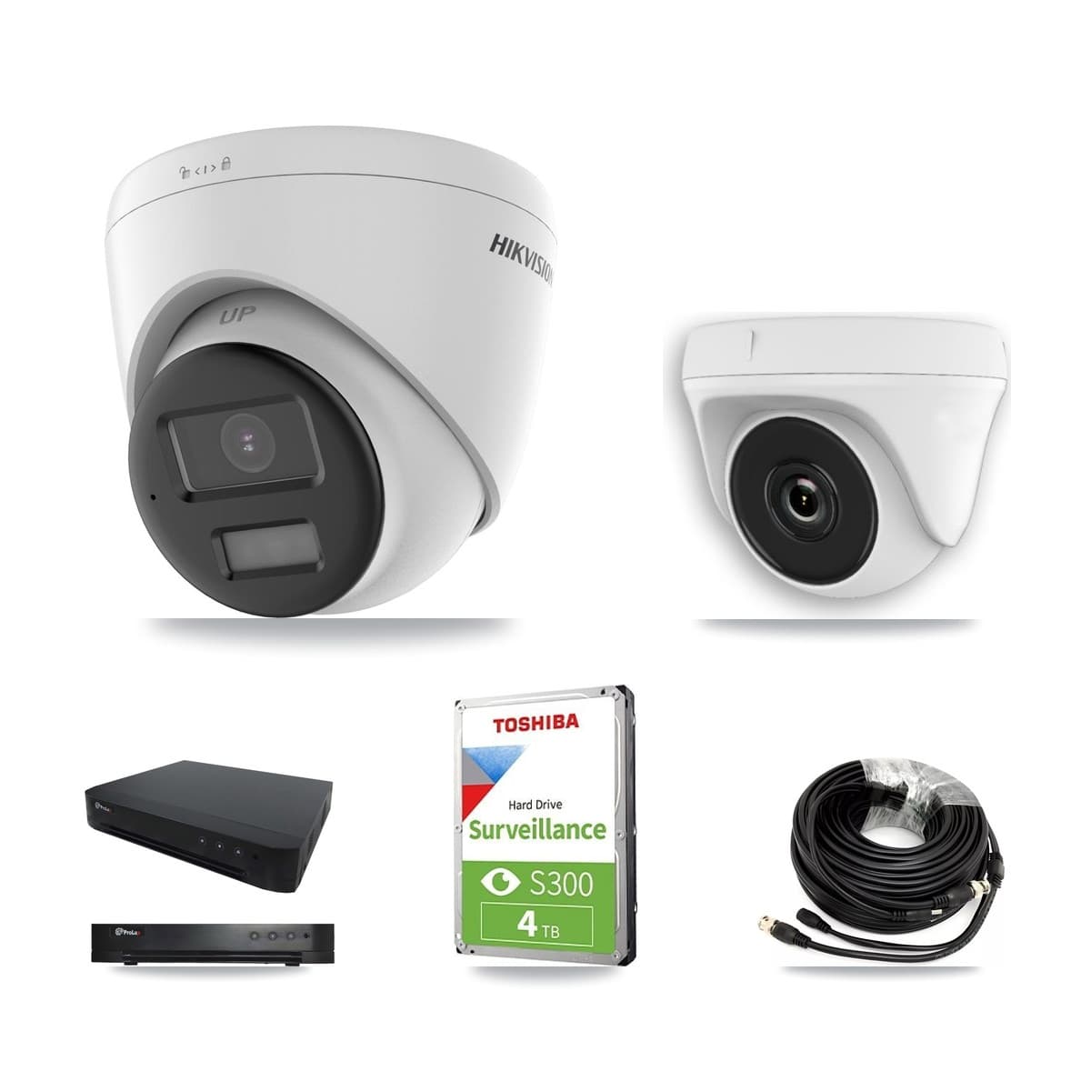 Hikvision & Prolux 16-Channel 2MP – 5MP CCTV Kit — 2 DS-2CE78K0T-LPTS 5MP Turret + 2 White HDT-2MP-N20W-2.8MM 2MP Dome Cameras + 4TB Recording (PXD-8216-HYK4MP Recorder) - Image 1