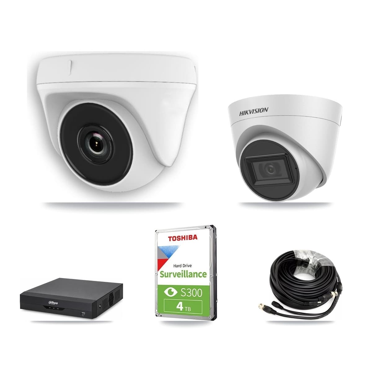 Hikvision & Dahua 4-Channel 2MP – 5MP CCTV Kit — 1 White 5MP Turret + 3 White 2MP Dome Cameras + 4TB Recording