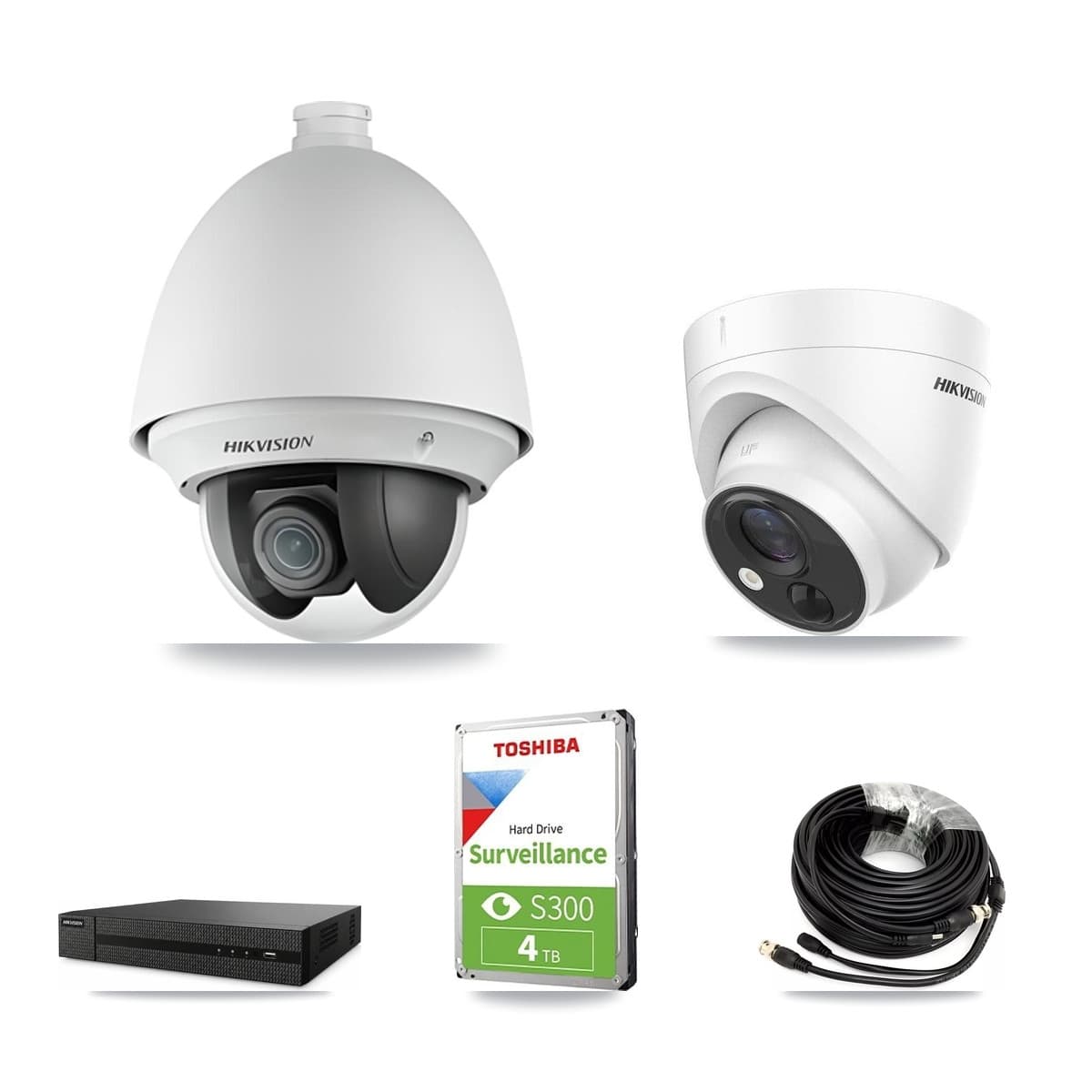 Hikvision 8-Channel 2MP – 5MP CCTV Kit — 1 DS-2AE4225T 2MP PTZ + 1 DS-2CE71H0T 5MP Turret Cameras + 4TB Recording (DVR-8CH Recorder) - Image 1