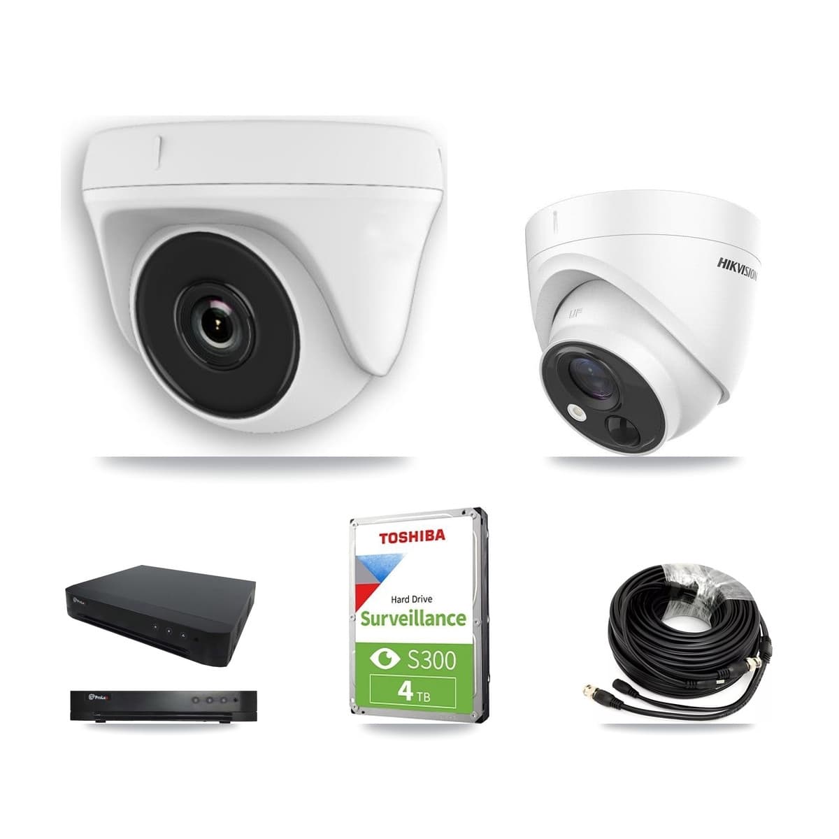 Hikvision & Prolux 16-Channel 2MP – 5MP CCTV Kit — 1 DS-2CE71H0T 5MP Turret + 4 White HDT-2MP-N20W 2MP Dome Cameras + 4TB Recording - Image 1