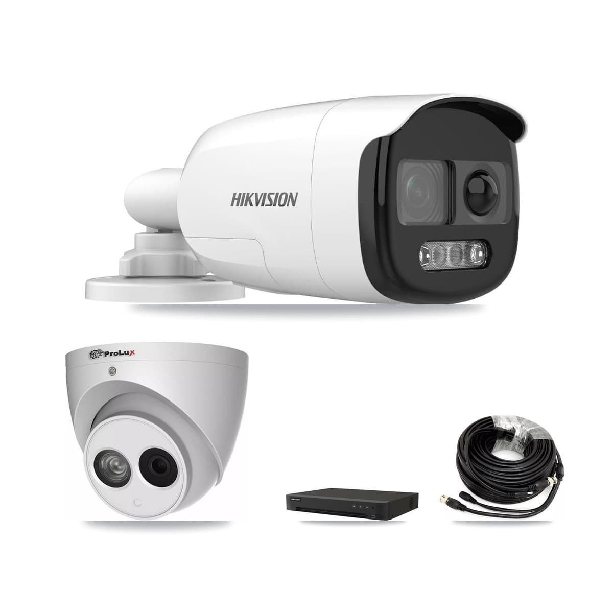 Hikvision & Prolux 8-Channel 4MP – 5MP CCTV Kit — 5 DS-2CE12KF3T-PIRXO 5MP Bullet + 1 PXC-612C4W-A-POC 4MP Turret Cameras + 8TB Recording (IDS-7208HUHI-M1/XT Recorder) - Image 1