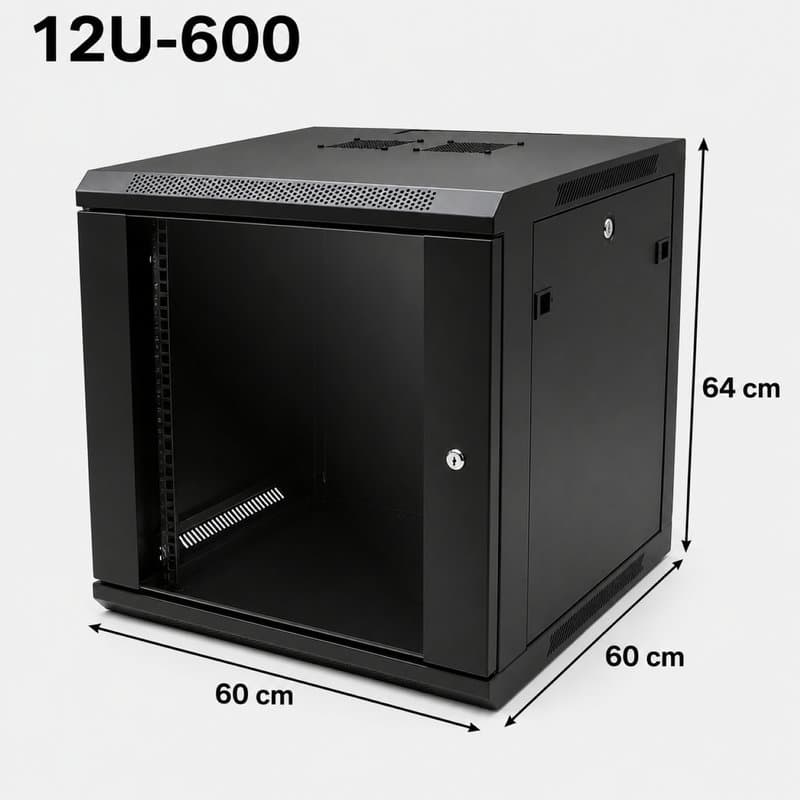 19" 12U Black Data Network Cabinet - Wall-Mount Server & Switch Rack (600mm Depth)