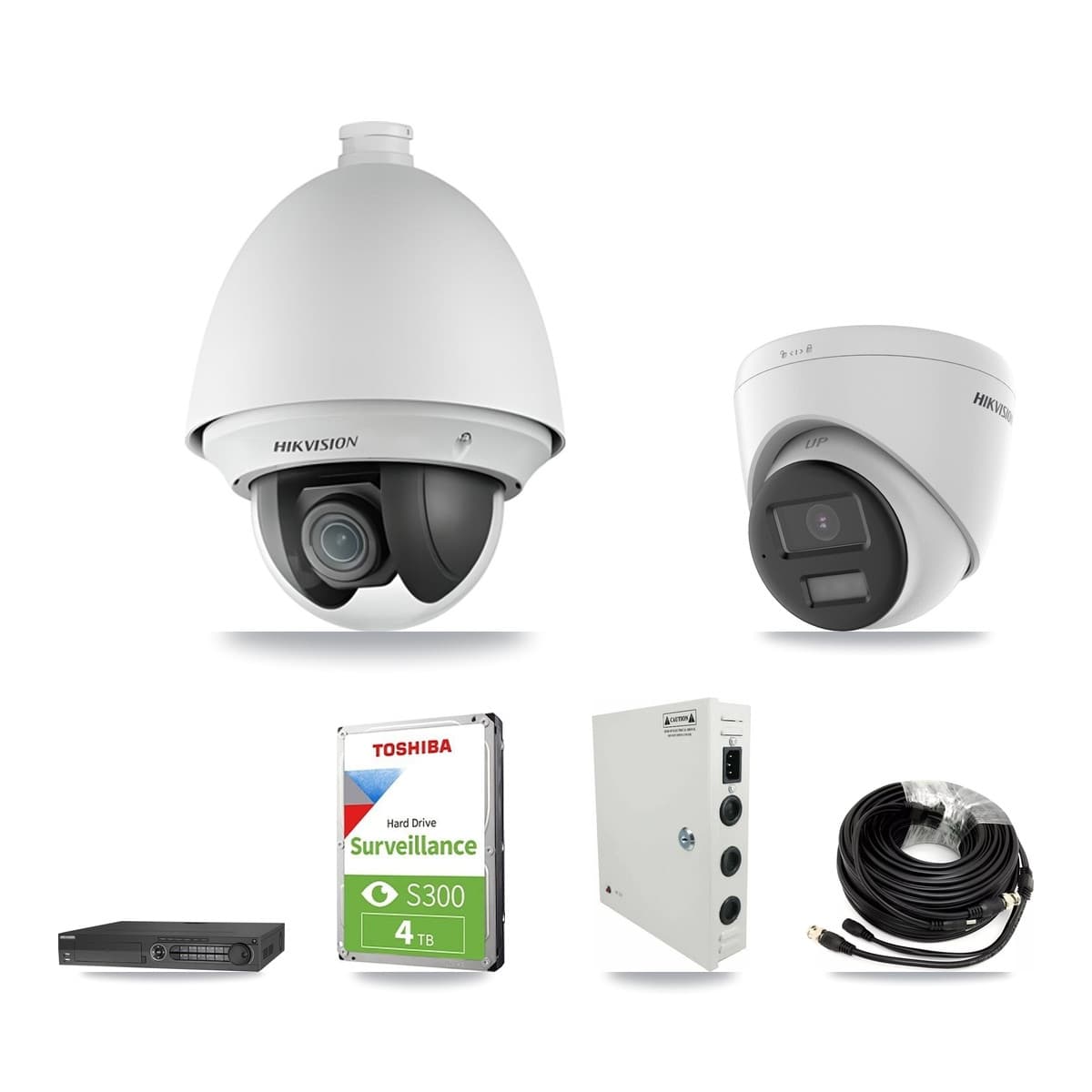 Hikvision 32-Channel 2MP – 5MP CCTV Kit — 2 DS-2AE4225T-A 2MP PTZ + 2 DS-2CE78K0T-LPTS 5MP Turret Cameras + 4TB Recording (DS-7332HQHI-K4 Recorder) - Image 1
