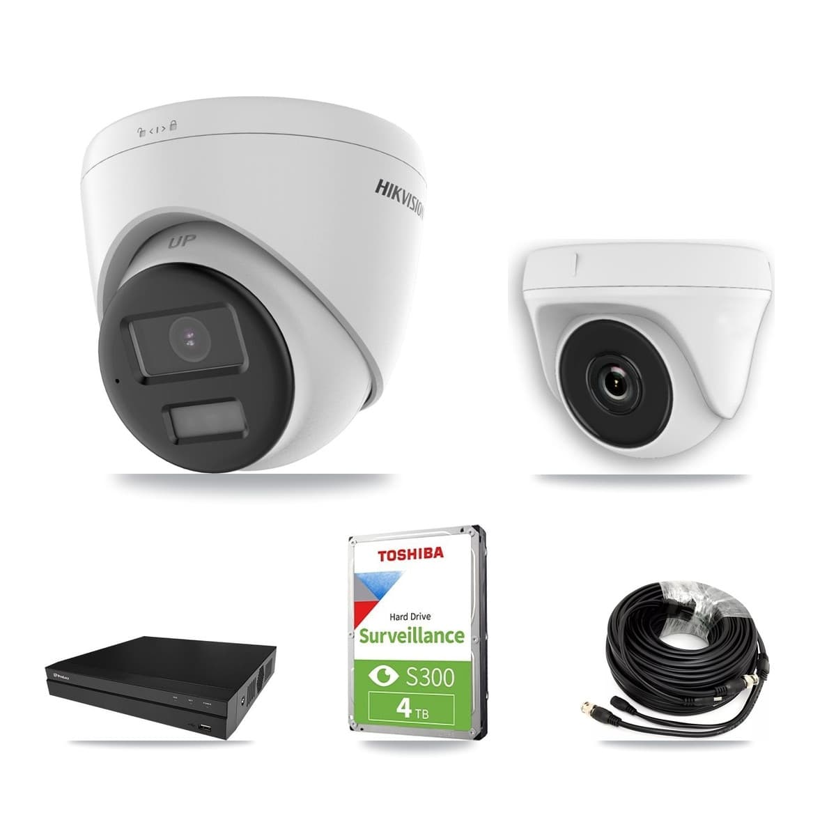 Hikvision & Prolux 8-Channel 2MP – 4K CCTV Kit — 1 DS-2CE78U0T 4K Turret + 1 White HDT-2MP-N20W 2MP Dome Cameras + 4TB Recording (PXD-5208AN Recorder) - Image 1
