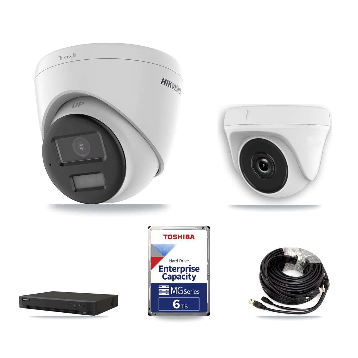 Hikvision 16-Channel 2MP – 5MP CCTV Kit — 3 DS-2CE78K0T-LPTS 5MP Turret + 3 White HDT-2MP-N20W-2.8MM 2MP Dome Cameras + 6TB Recording (IDS-7216HQHI-M1/XT Recorder) - Image 1