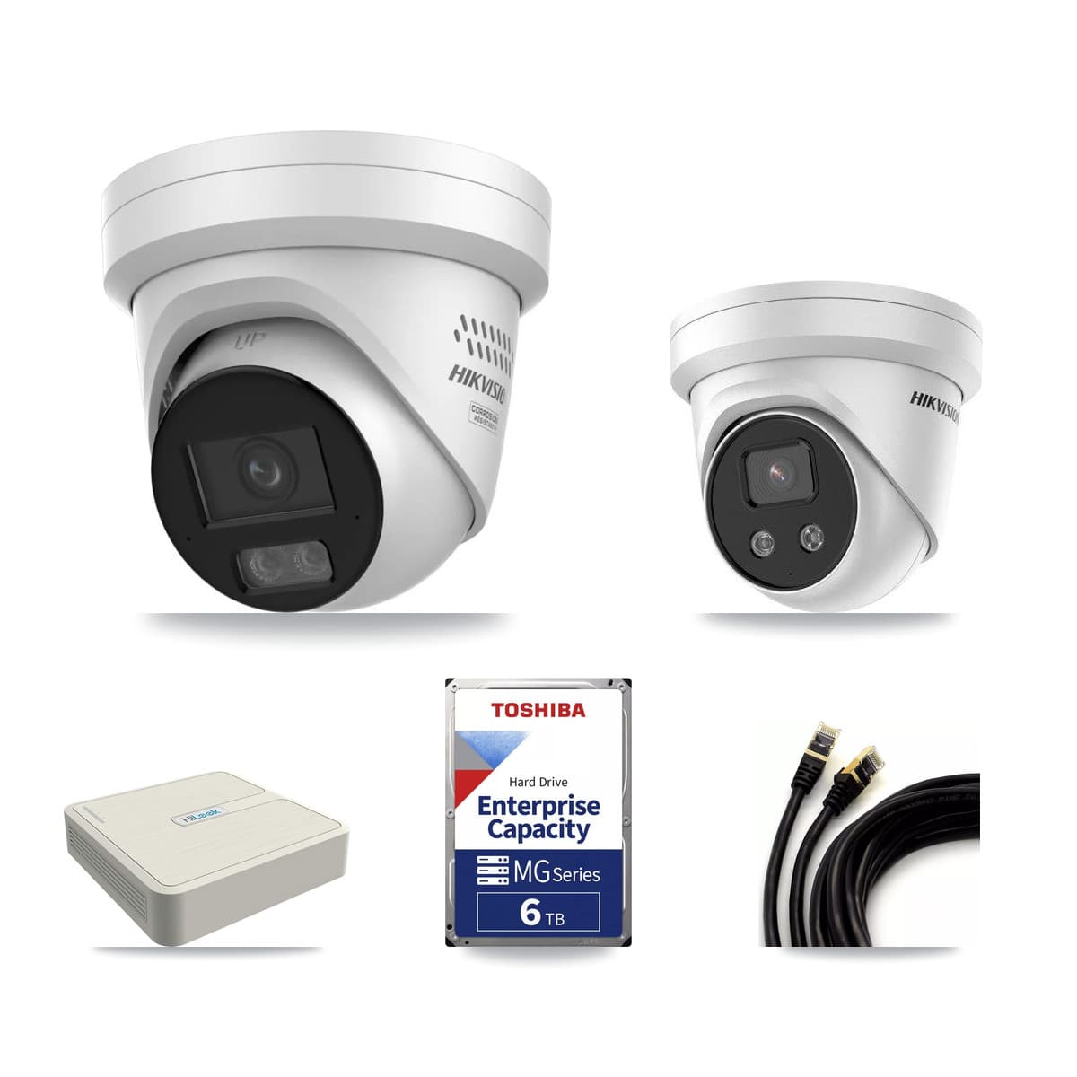Hikvision & HiLook 8-Channel 4MP – 5MP CCTV Kit — 2 DS-2CD2347G3 4MP + 2 DS-2CD3356G2 5MP Turret Cameras + 6TB Recording