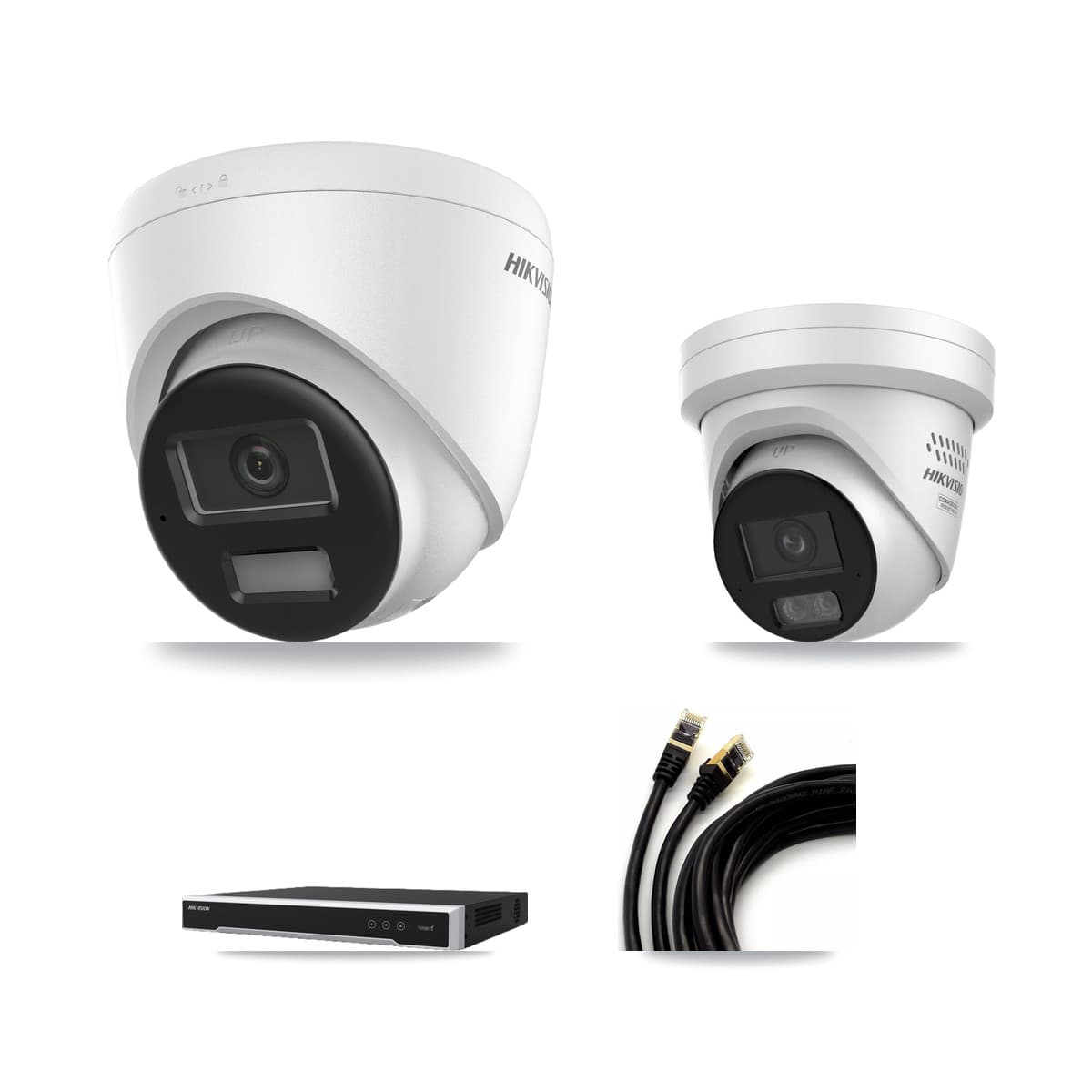 Hikvision 8-Channel 4MP – 4K CCTV Kit — 2 DS-2CD1383G2-LIU 4K + 2 DS-2CD2347G3-LIS2UY/SL 4MP Turret Cameras + 8TB Recording (DS-7608NI-M2/8P Recorder)