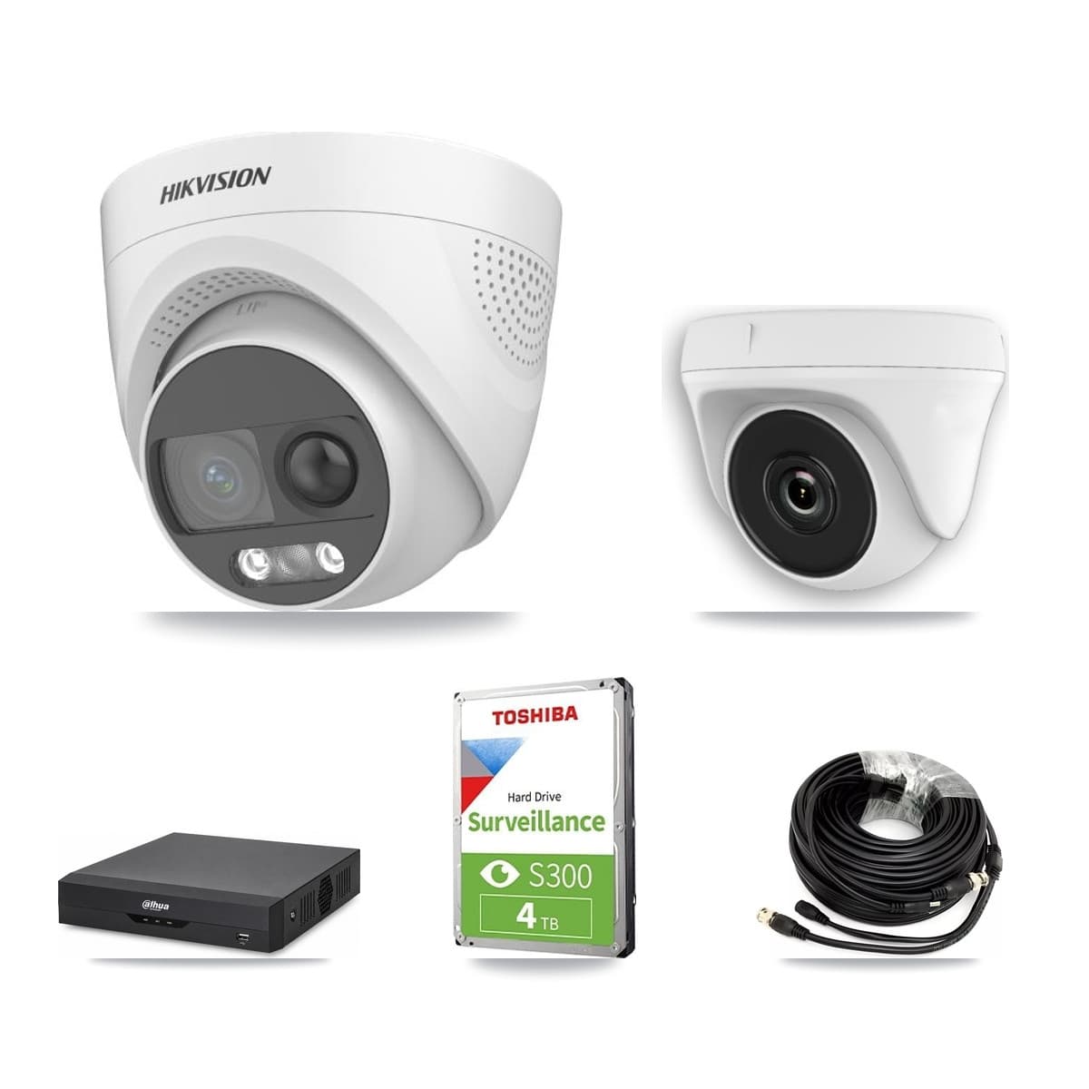 Hikvision & Dahua 4-Channel 2MP – 5MP CCTV Kit — 2 DS-2CE72KF3T 5MP Turret + 1 White HDT-2MP-N20W 2MP Dome Cameras + 4TB Recording - Image 1