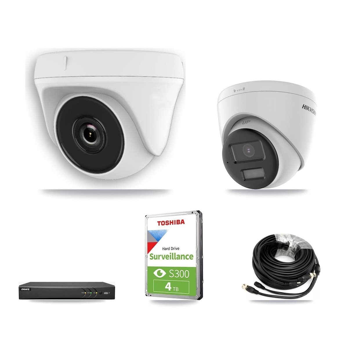 Hikvision & ANNKE 4-Channel 2MP – 4K CCTV Kit — 1 DS-2CE78U0T 4K Turret + 2 White HDT-2MP-N20W 2MP Dome Cameras + 4TB Recording - Image 1
