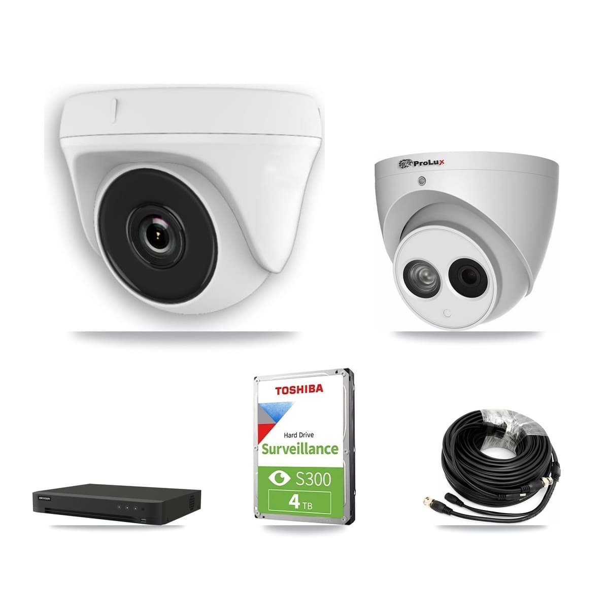 Prolux & Hikvision 8-Channel 2MP – 4MP CCTV Kit — 4 White HDT-2MP-N20W-2.8MM 2MP Dome + 1 PXC-612C4W-A-POC 4MP Turret Cameras + 4TB Recording (IDS-7208HUHI-M1/XT Recorder) - Image 1
