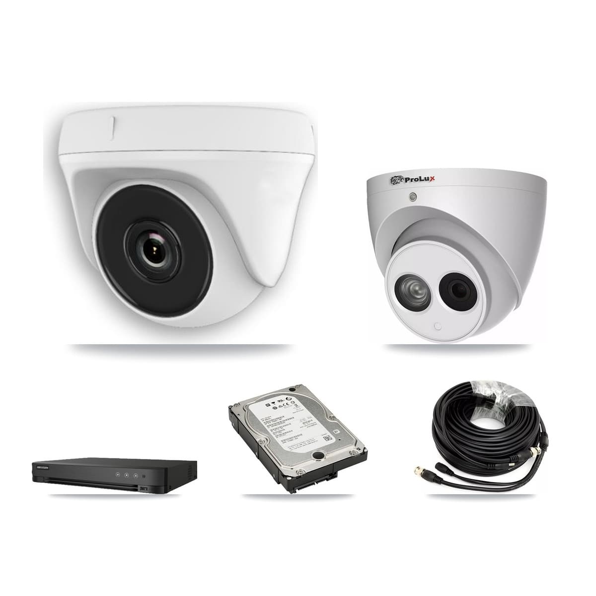 Prolux & Hikvision 8-Channel 2MP – 4MP CCTV Kit — 5 White HDT-2MP-N20W-2.8MM 2MP Dome + 1 PXC-612C4W-A-POC 4MP Turret Cameras + 5TB Recording (IDS-7208HUHI-M1/E Recorder) - Image 1