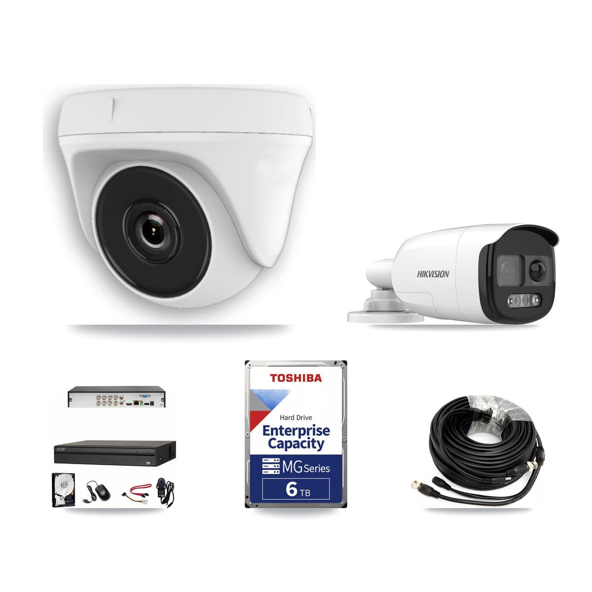 Hikvision & Dahua 8-Channel 2MP – 5MP CCTV Kit — 1 DS-2CE12KF3T 5MP Bullet + 7 White HDT-2MP-N20W 2MP Dome Cameras + 6TB Recording - Image 1