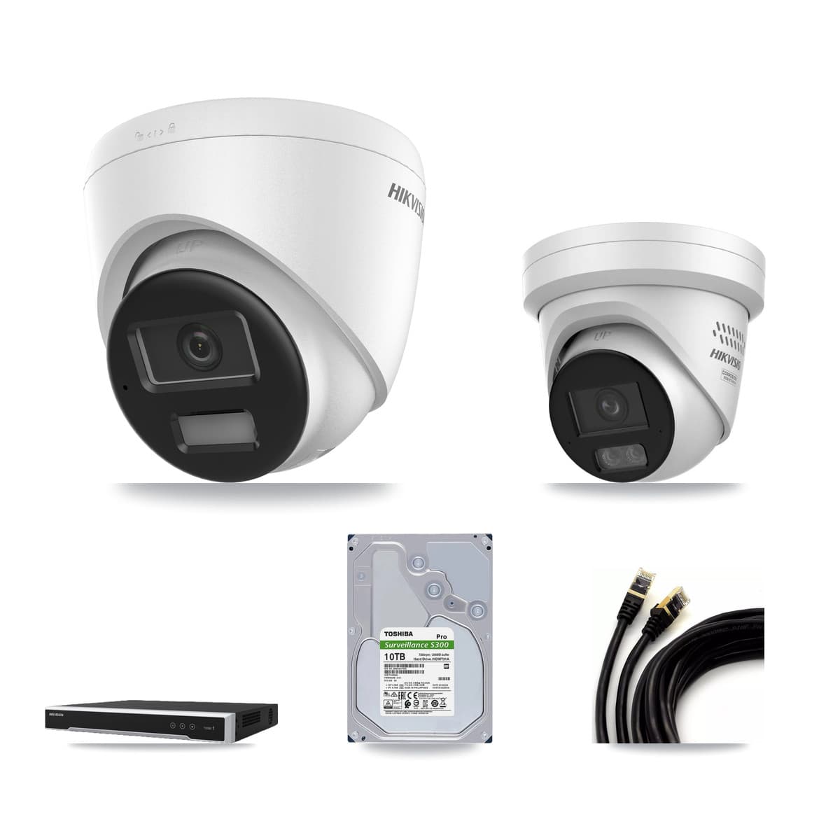 Hikvision 16-Channel 4MP – 4K CCTV Kit — 5 DS-2CD1383G2-LIU 4K + 5 DS-2CD2347G3-LIS2UY/SL 4MP Turret Cameras + 2× 10TB Recording (DS-7616NI-M2/16P Recorder)
