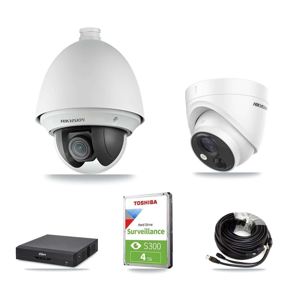 Hikvision & Dahua 4-Channel 2MP – 5MP CCTV Kit — 1 DS-2AE4225T 2MP PTZ + 1 DS-2CE71H0T 5MP Turret Cameras + 4TB Recording - Image 1